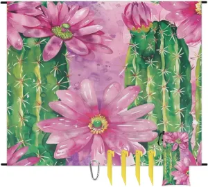 Cactus Beach Blanket, Sandproof Beach Mat, Adults Waterproof Quick Drying Sand Free Mat with 4 x Ground Spikes for Outdoor Travel Camping Hiking, Cactus Flower