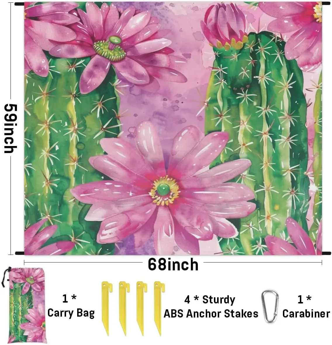 Cactus Beach Blanket, Sandproof Beach Mat, Adults Waterproof Quick Drying Sand Free Mat with 4 x Ground Spikes for Outdoor Travel Camping Hiking, Cactus Flower