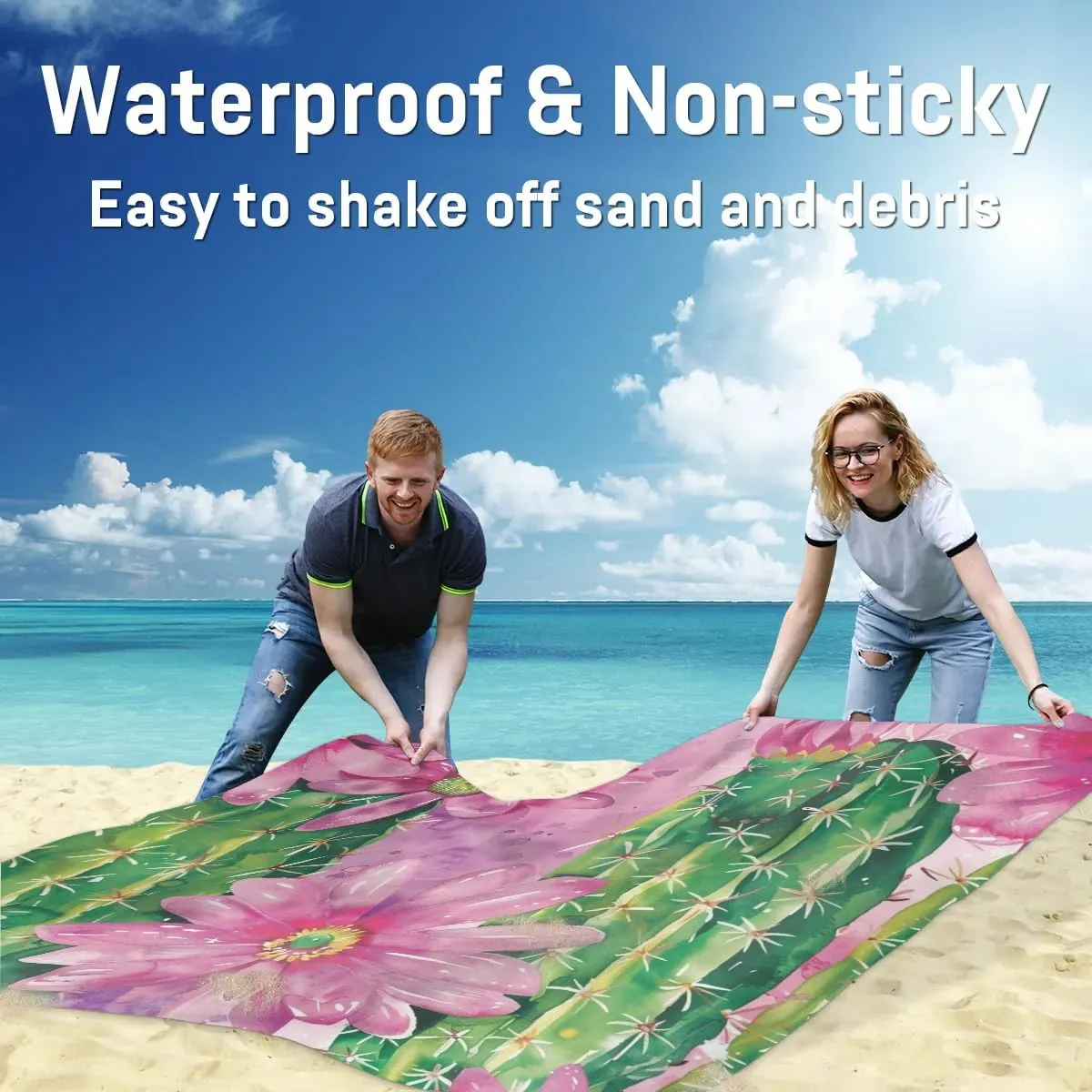 Cactus Beach Blanket, Sandproof Beach Mat, Adults Waterproof Quick Drying Sand Free Mat with 4 x Ground Spikes for Outdoor Travel Camping Hiking, Cactus Flower