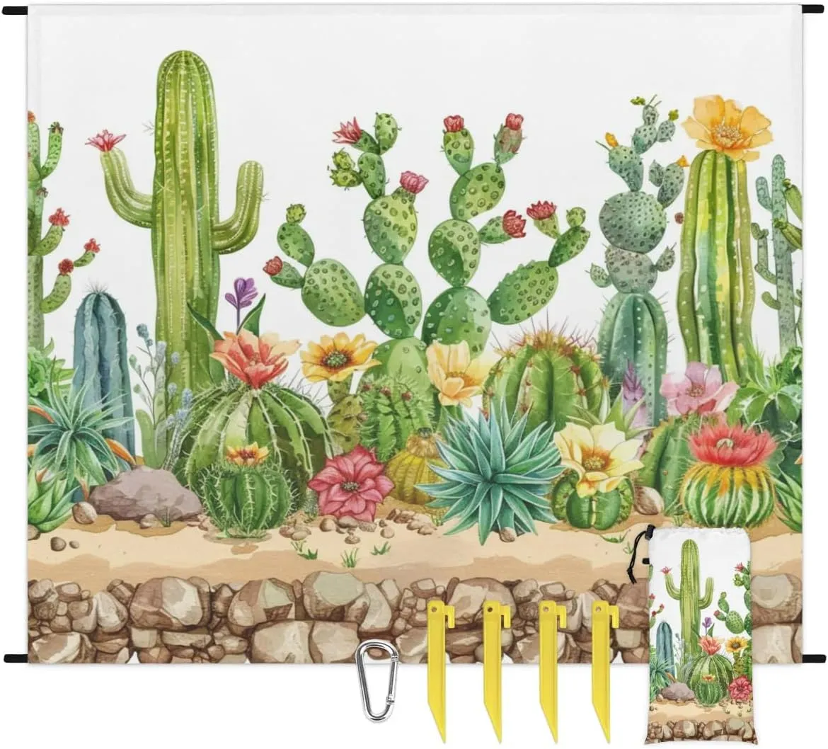 Cactus Floral Beach Blanket, Sandproof Beach Mat, Adults Waterproof Quick Drying Sand Free Mat with 4 x Ground Spikes for Outdoor Travel Camping Hiking, Cactus