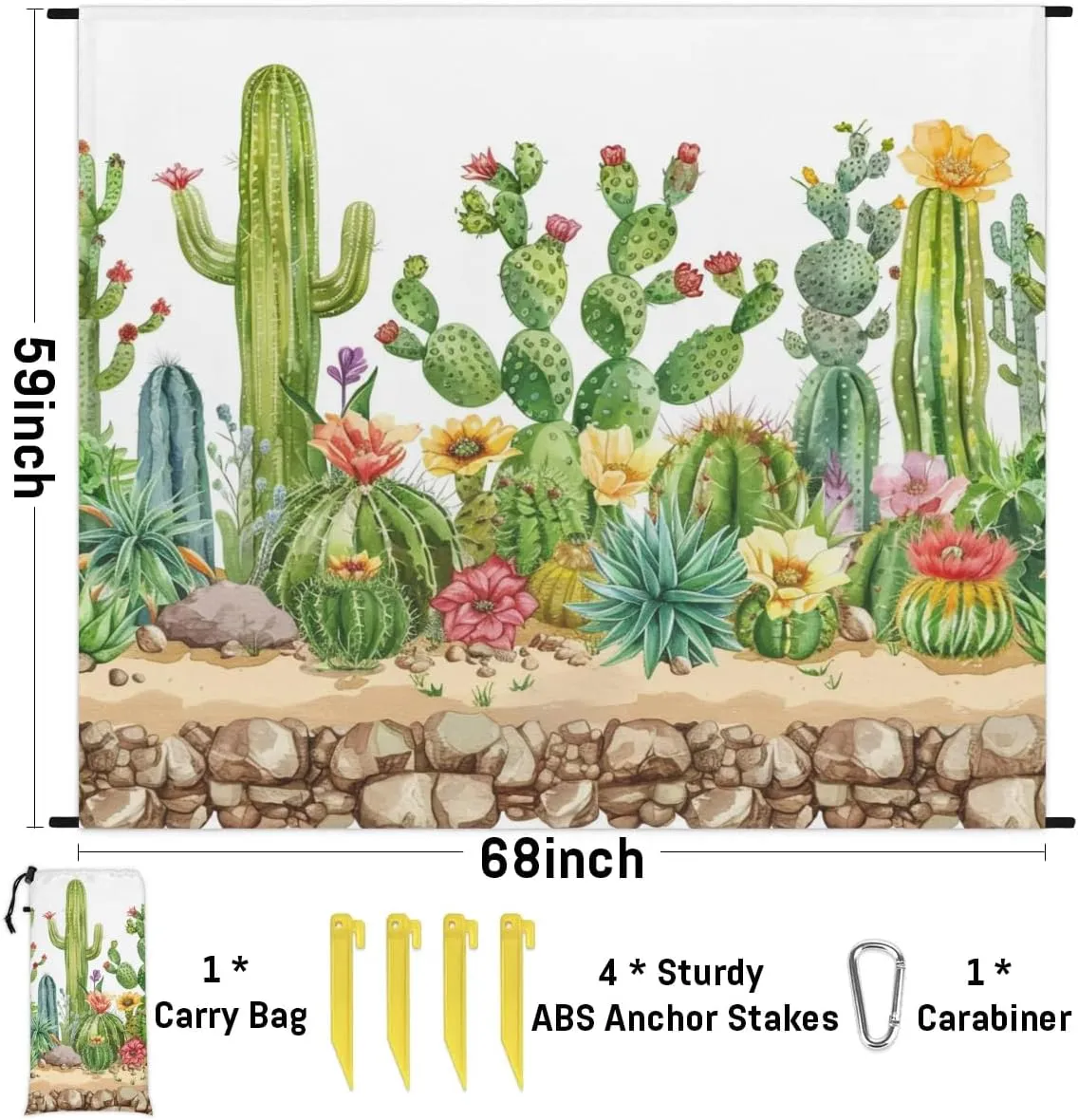 Cactus Floral Beach Blanket, Sandproof Beach Mat, Adults Waterproof Quick Drying Sand Free Mat with 4 x Ground Spikes for Outdoor Travel Camping Hiking, Cactus