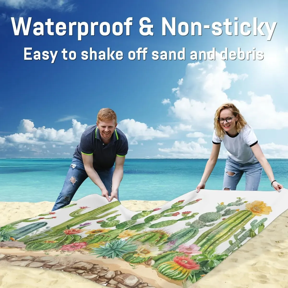 Cactus Floral Beach Blanket, Sandproof Beach Mat, Adults Waterproof Quick Drying Sand Free Mat with 4 x Ground Spikes for Outdoor Travel Camping Hiking, Cactus
