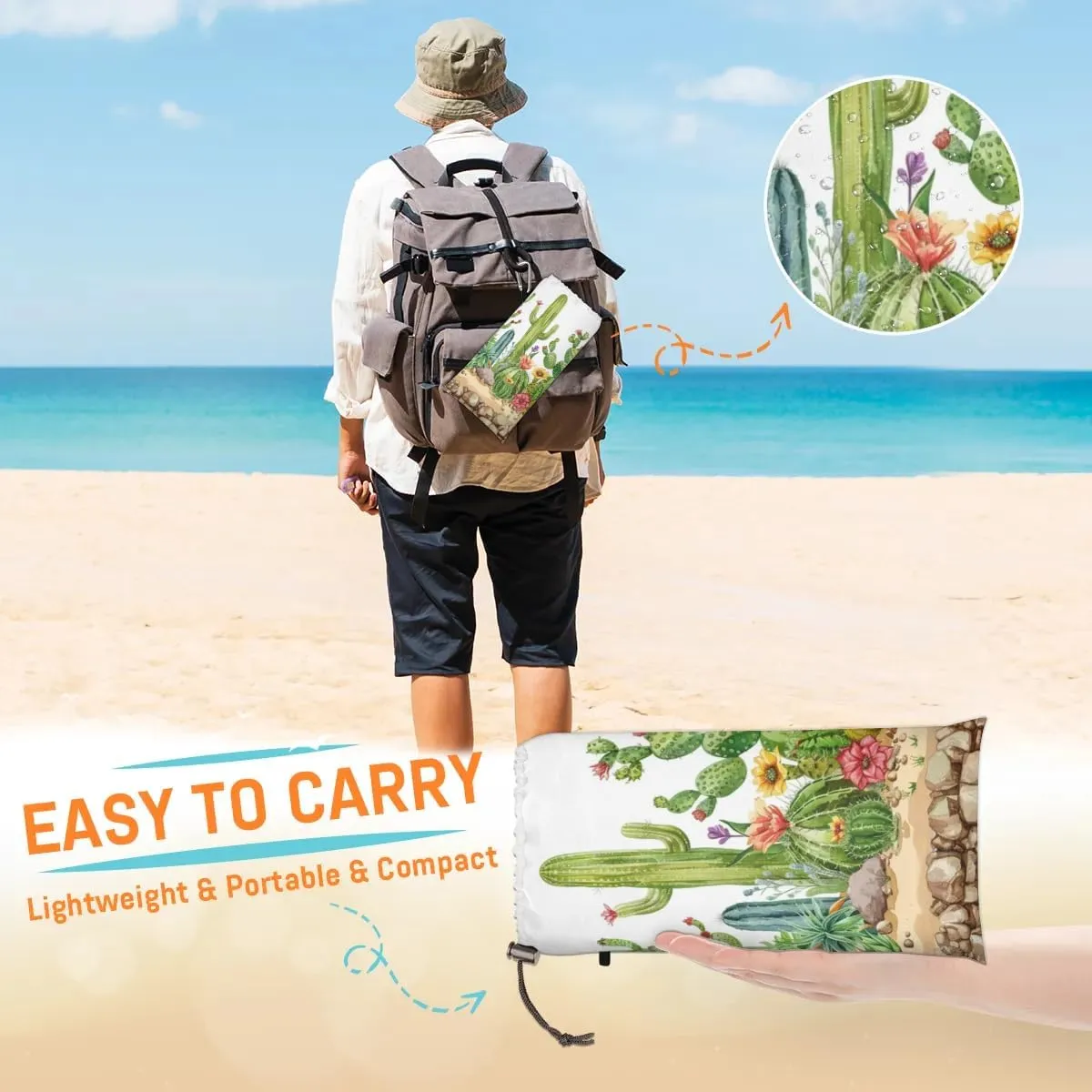 Cactus Floral Beach Blanket, Sandproof Beach Mat, Adults Waterproof Quick Drying Sand Free Mat with 4 x Ground Spikes for Outdoor Travel Camping Hiking, Cactus