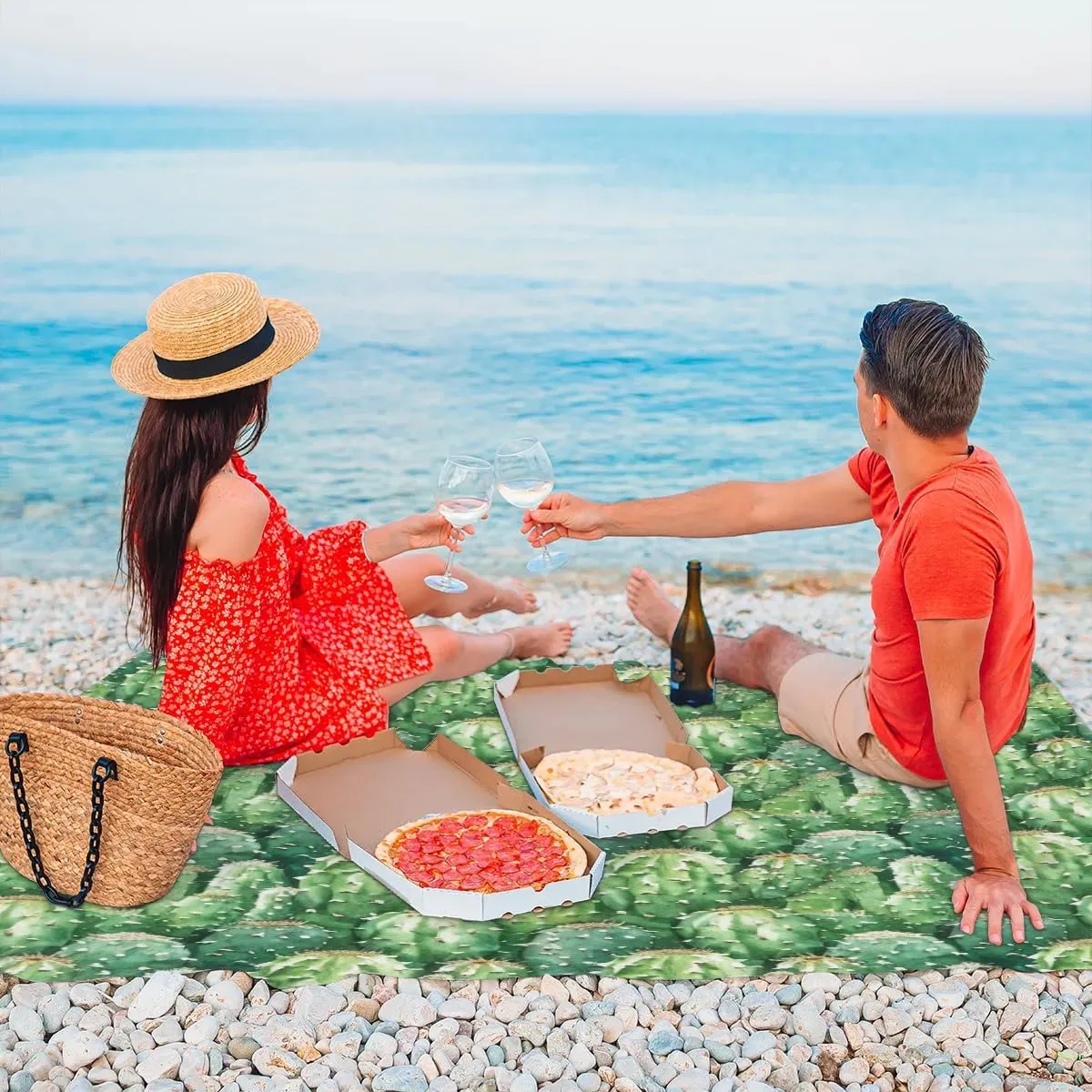 Cactus Placemats Beach Blanket, Sandproof Beach Mat, Adults Waterproof Quick Drying Sand Free Mat with 4 x Ground Spikes for Outdoor Travel Camping Hiking, Cacti