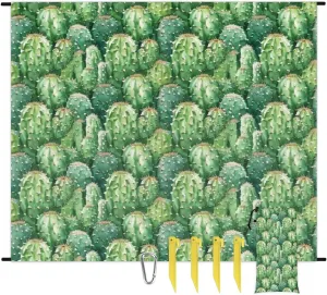 Cactus Placemats Beach Blanket, Sandproof Beach Mat, Adults Waterproof Quick Drying Sand Free Mat with 4 x Ground Spikes for Outdoor Travel Camping Hiking, Cacti