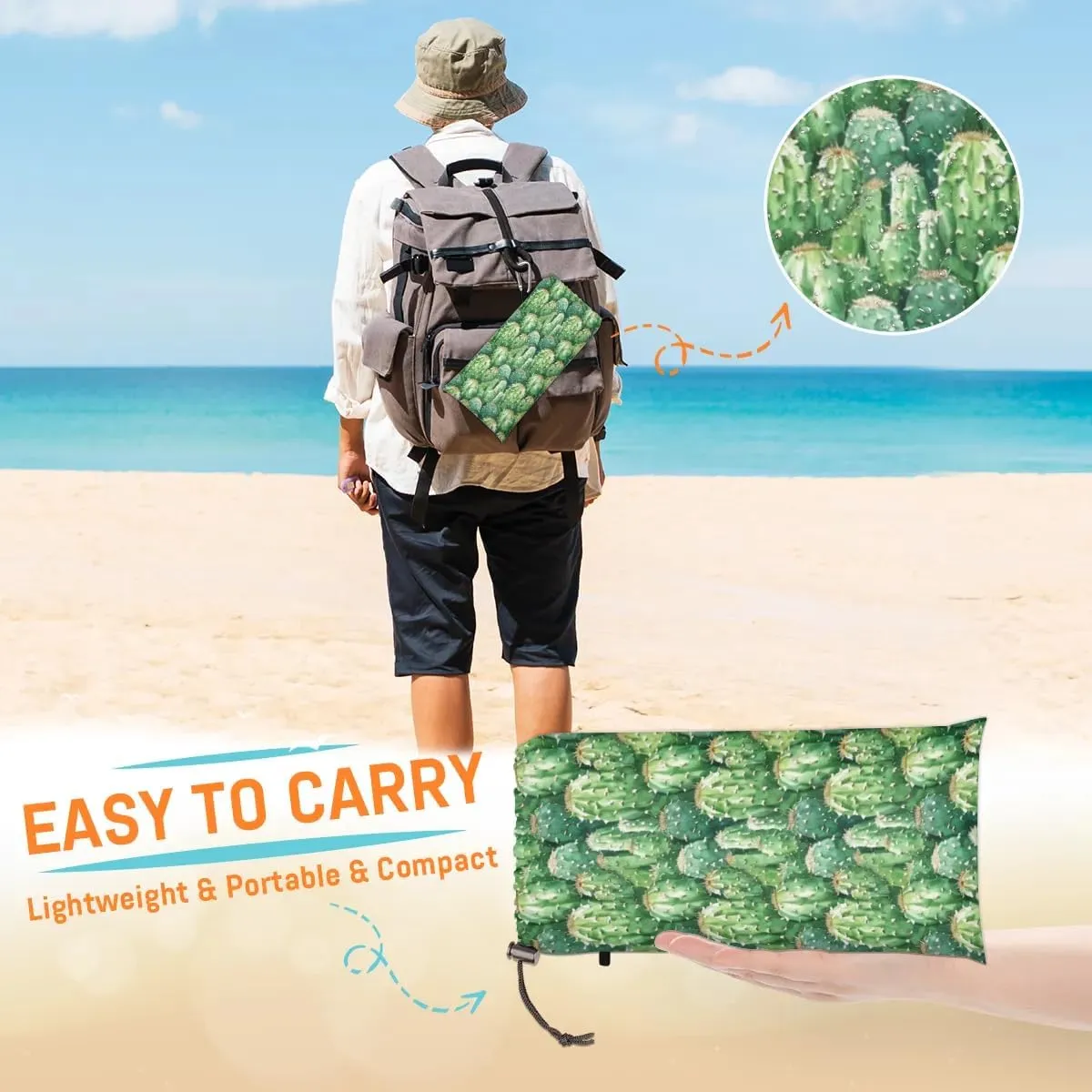 Cactus Placemats Beach Blanket, Sandproof Beach Mat, Adults Waterproof Quick Drying Sand Free Mat with 4 x Ground Spikes for Outdoor Travel Camping Hiking, Cacti