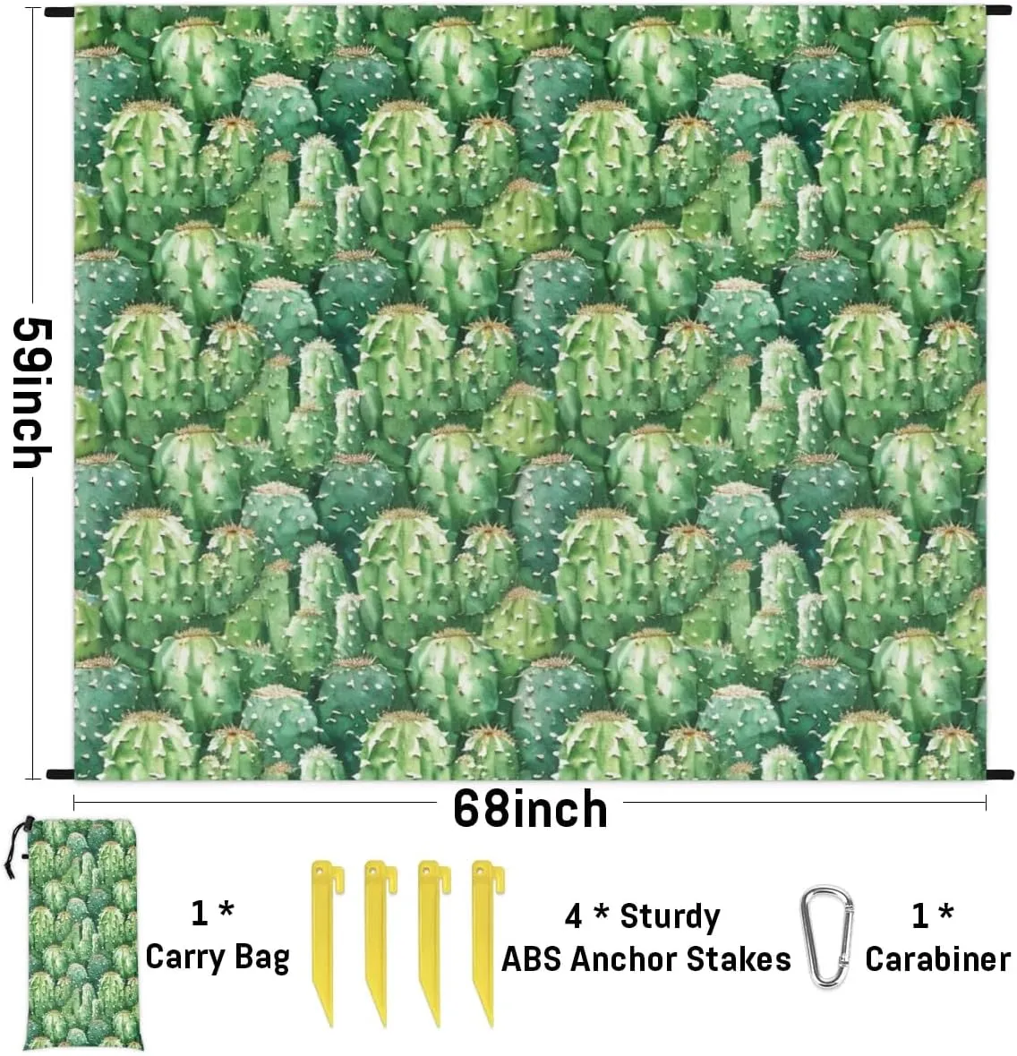 Cactus Placemats Beach Blanket, Sandproof Beach Mat, Adults Waterproof Quick Drying Sand Free Mat with 4 x Ground Spikes for Outdoor Travel Camping Hiking, Cacti