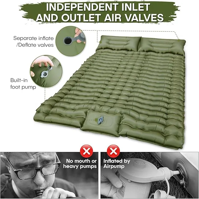 Camping Double Sleeping Pad - Fast 60s Foot Pump Inflatable Air Mattress, Ultralight Durable Ergonomic Egg-Shaped Mat, Built-in Pillow, Ideal for Backpacking