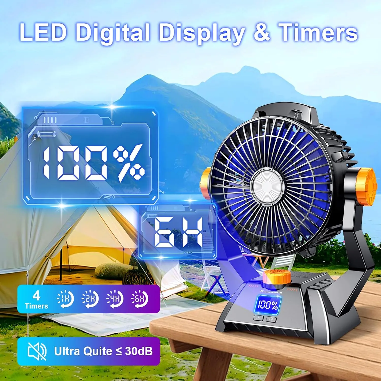Camping Fan - Rechargeable Portable Battery Powered Camping Fans for Tents, LED Dispaly Samll Table Fan with Light & Timers, Ultra Quiet USB Mini Desk Fan for Fishing Travel Home Office