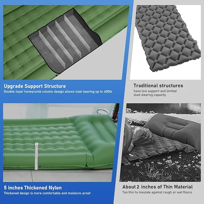 Camping Mattress Extra Thick 5in, Sleeping Pad for Camping with Pillow, Single Backpacking Camping Mat Built-in Pump, Self Inflating Sleeping Pad, Sleep Mat Holds 440 lbs, 40D Nylon, Repair Kit
