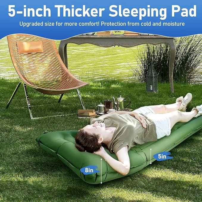 Camping Mattress Extra Thick 5in, Sleeping Pad for Camping with Pillow, Single Backpacking Camping Mat Built-in Pump, Self Inflating Sleeping Pad, Sleep Mat Holds 440 lbs, 40D Nylon, Repair Kit