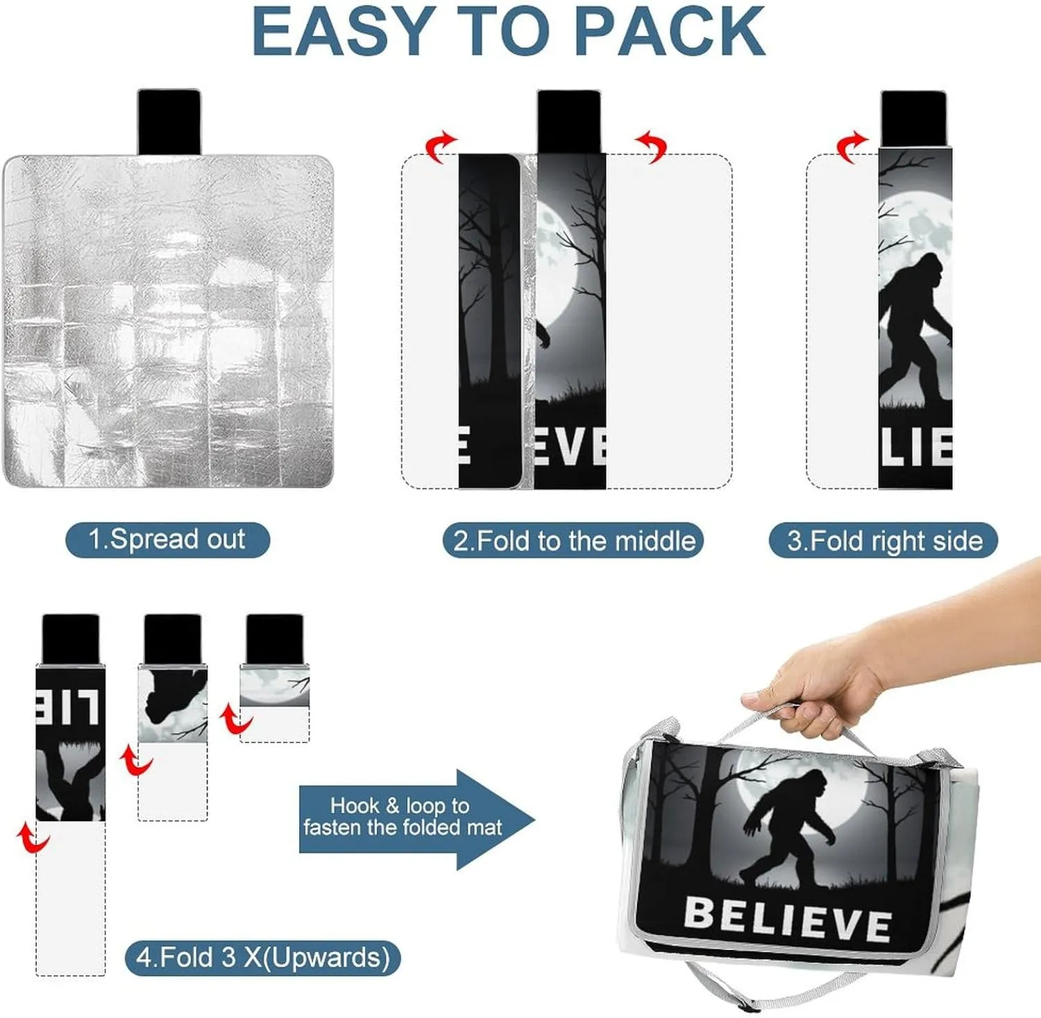 Camping Outdoor Foldable Blanket, Lightweight Believe Funny Sasquatch Full Moon Night Black Picnic Mat for Park Travel Grass Beach Camping Accessories