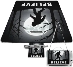 Camping Outdoor Foldable Blanket, Lightweight Believe Funny Sasquatch Full Moon Night Black Picnic Mat for Park Travel Grass Beach Camping Accessories