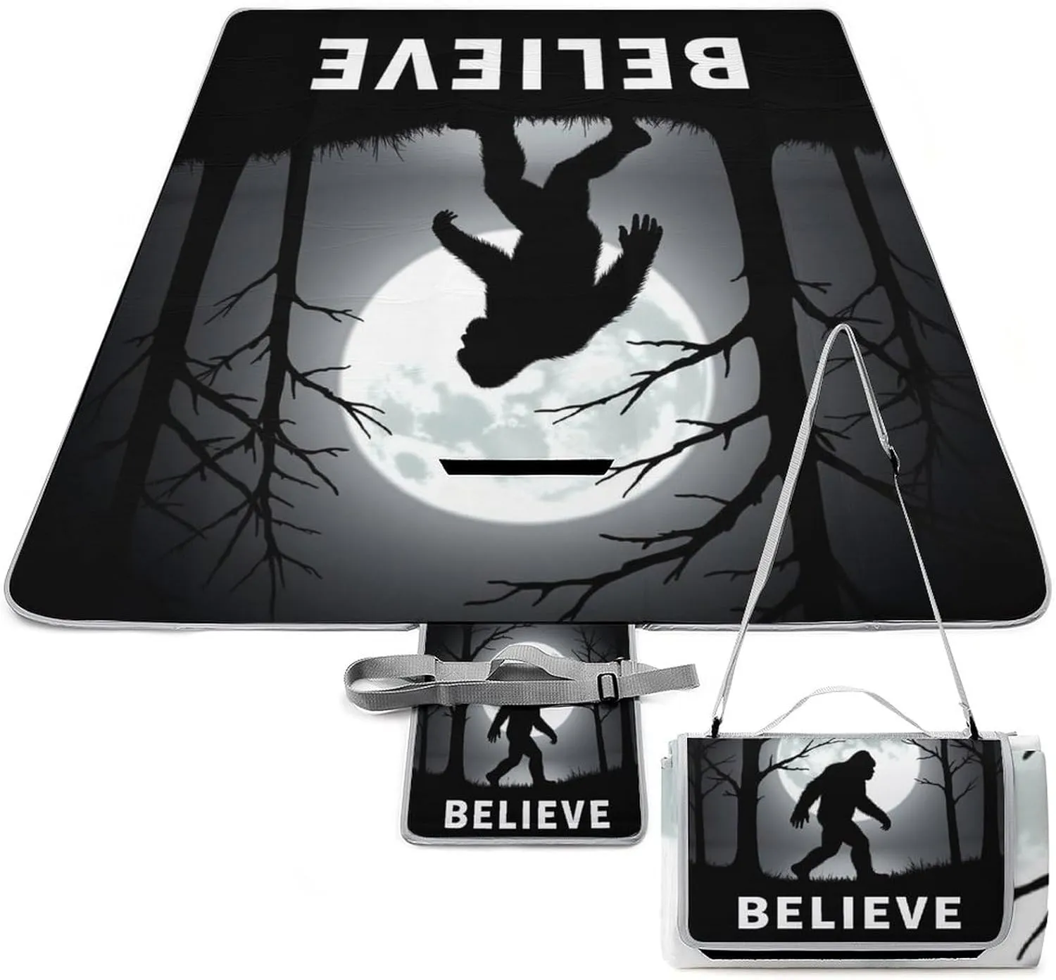 Camping Outdoor Foldable Blanket, Lightweight Believe Funny Sasquatch Full Moon Night Black Picnic Mat for Park Travel Grass Beach Camping Accessories