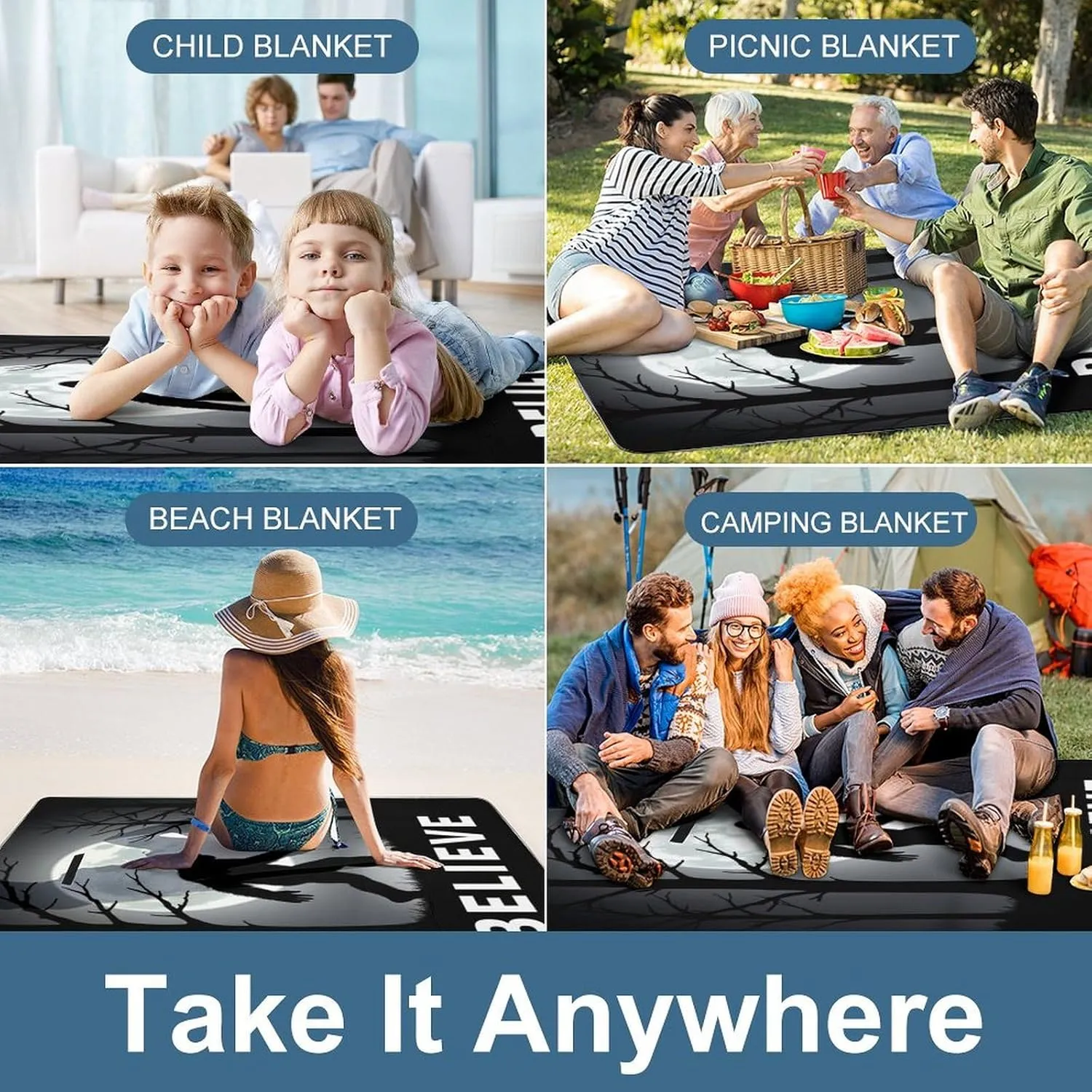 Camping Outdoor Foldable Blanket, Lightweight Believe Funny Sasquatch Full Moon Night Black Picnic Mat for Park Travel Grass Beach Camping Accessories