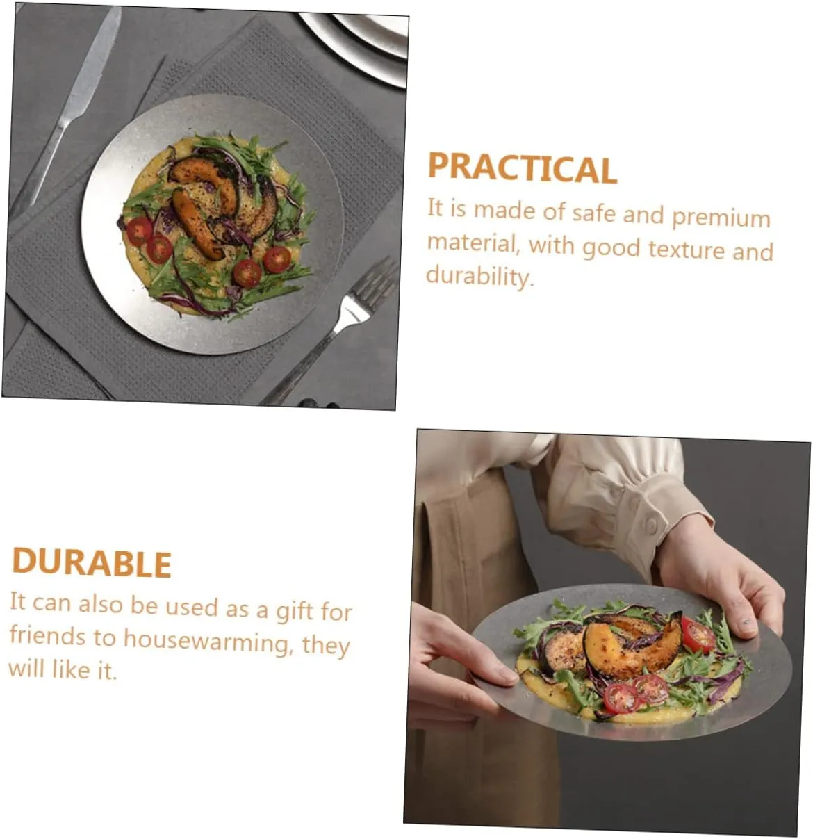 Camping Plate Stainless Steel Food Serving Dinner and Dessert Plate for