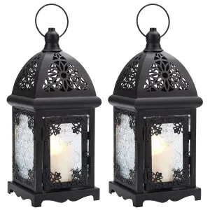 Candle Lantern Holder, Image 2 Pcs Metal Candle Lantern Holder with Transparent Glass, Vintage Hanging Lantern Tabletop Decoration Birdcage for Home Décor and Wedding Black