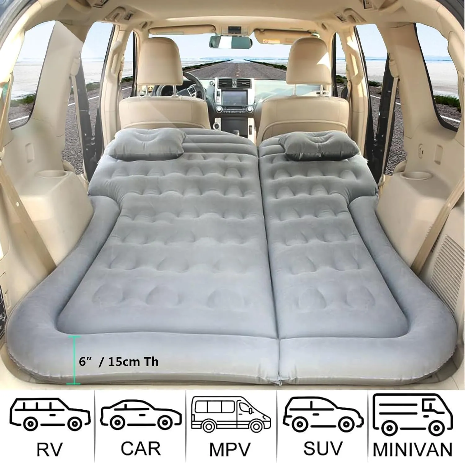 Car Air Mattress for Chrysler Grand Voager 2007-2012, Trunk Rear Seat Inflatable Thickened Flocking Travel Camping Bed, Air Pump 2 Pillows,Grey