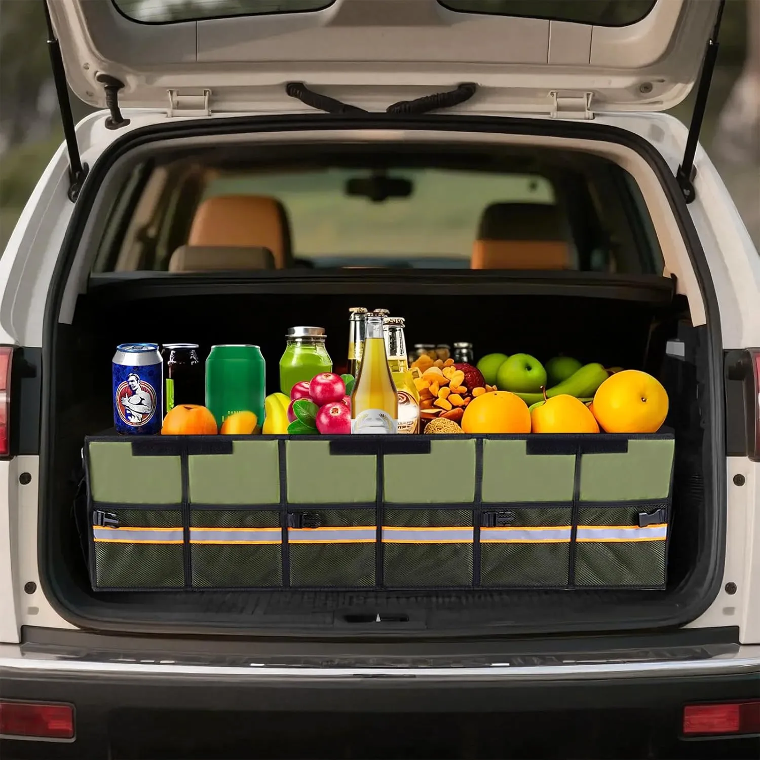 Car Trunk Organizer with Lid,Collapsible Car Storage Organizer with Multi Compartments and Securing Straps for SUV,Sedan,Jeep-Green