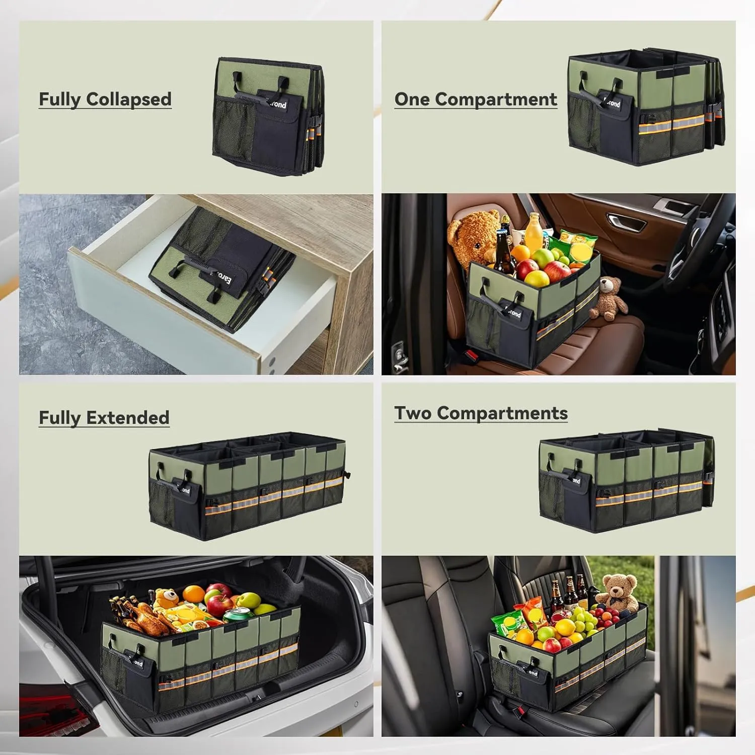Car Trunk Organizer with Lid,Collapsible Car Storage Organizer with Multi Compartments and Securing Straps for SUV,Sedan,Jeep-Green