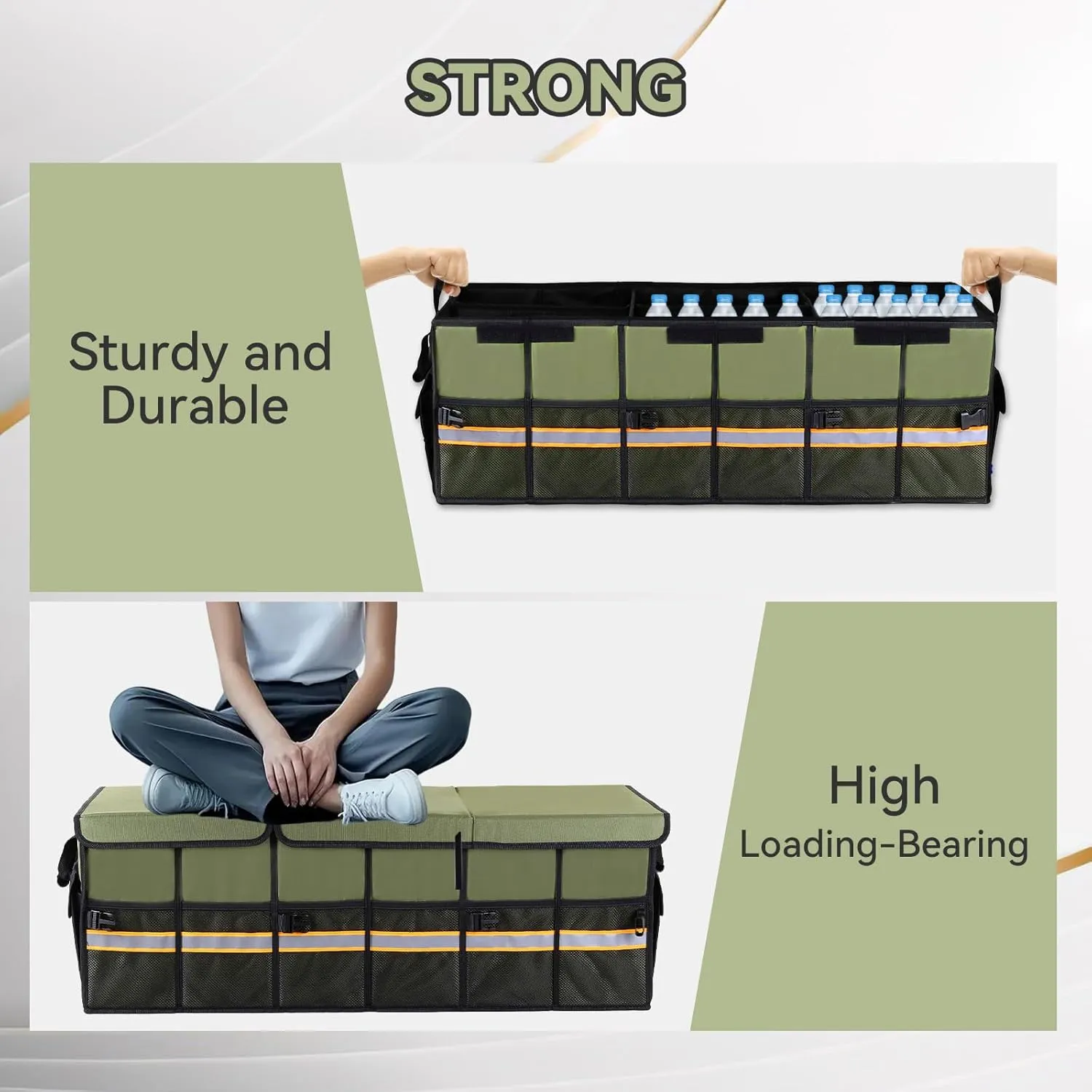 Car Trunk Organizer with Lid,Collapsible Car Storage Organizer with Multi Compartments and Securing Straps for SUV,Sedan,Jeep-Green