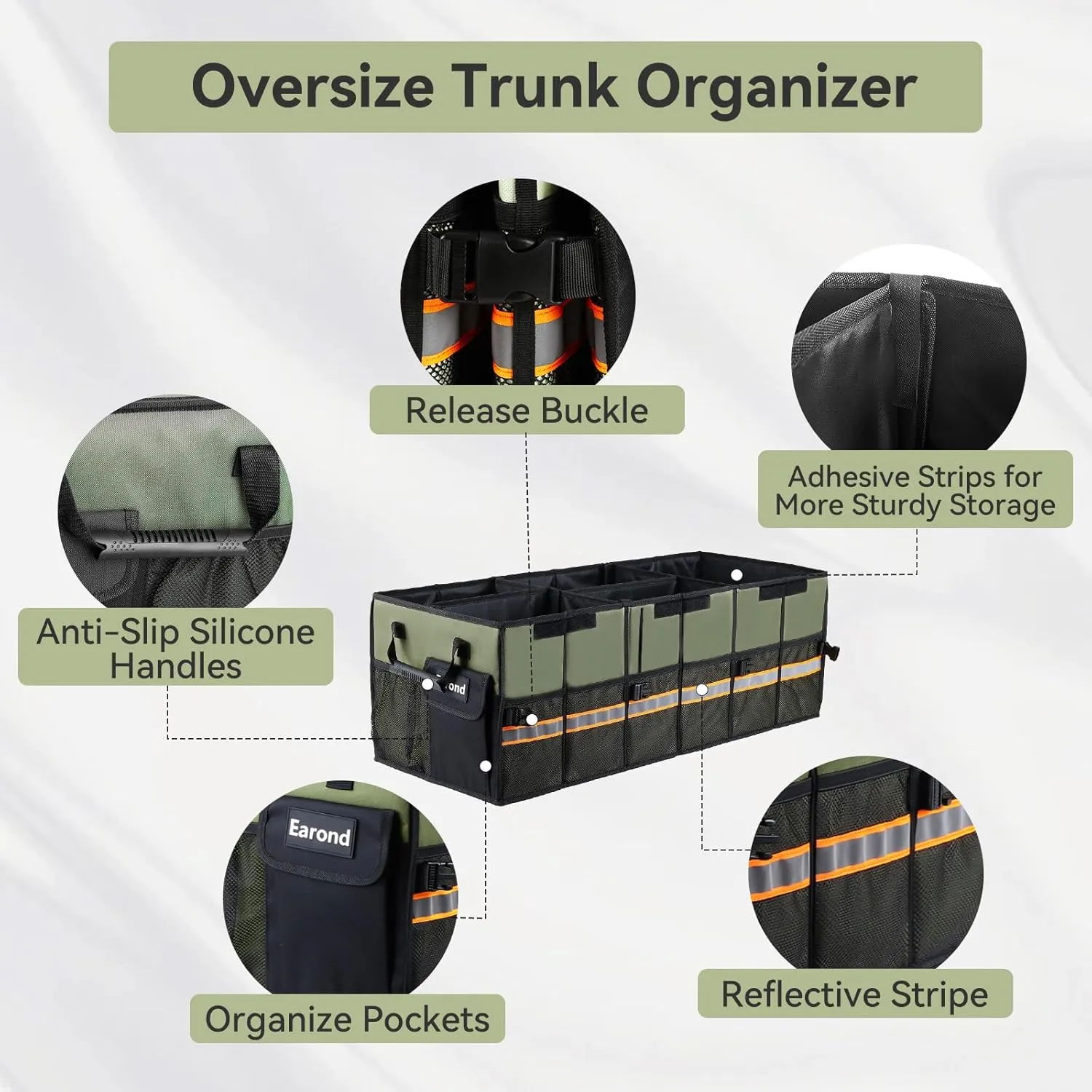 Car Trunk Organizer with Lid,Collapsible Car Storage Organizer with Multi Compartments and Securing Straps for SUV,Sedan,Jeep-Green