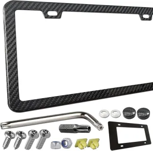 Carbon Fiber License Plate Frame- 100% Handcrafted Real Carbon Fiber Cloth Wrapped Holder, Slim Black Stainless Steel Car Tag Cover with Screws Caps, Rattle Proof Pad, 1 Pack 2 Hole