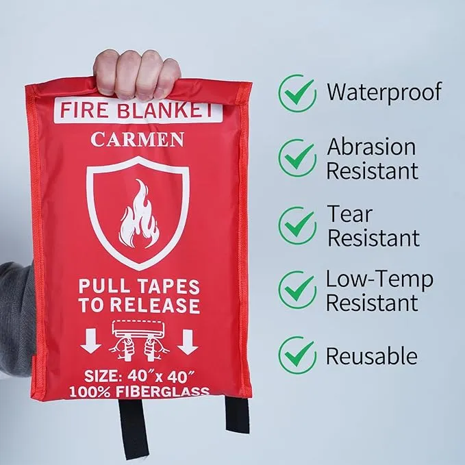 Carmen Emergency Fire Blanket for Home and Kitchen Flame Suppression Fiberglass Fire Blankets for House Camping Car Office Warehouse Emergency Survival Safety(1-Pack)