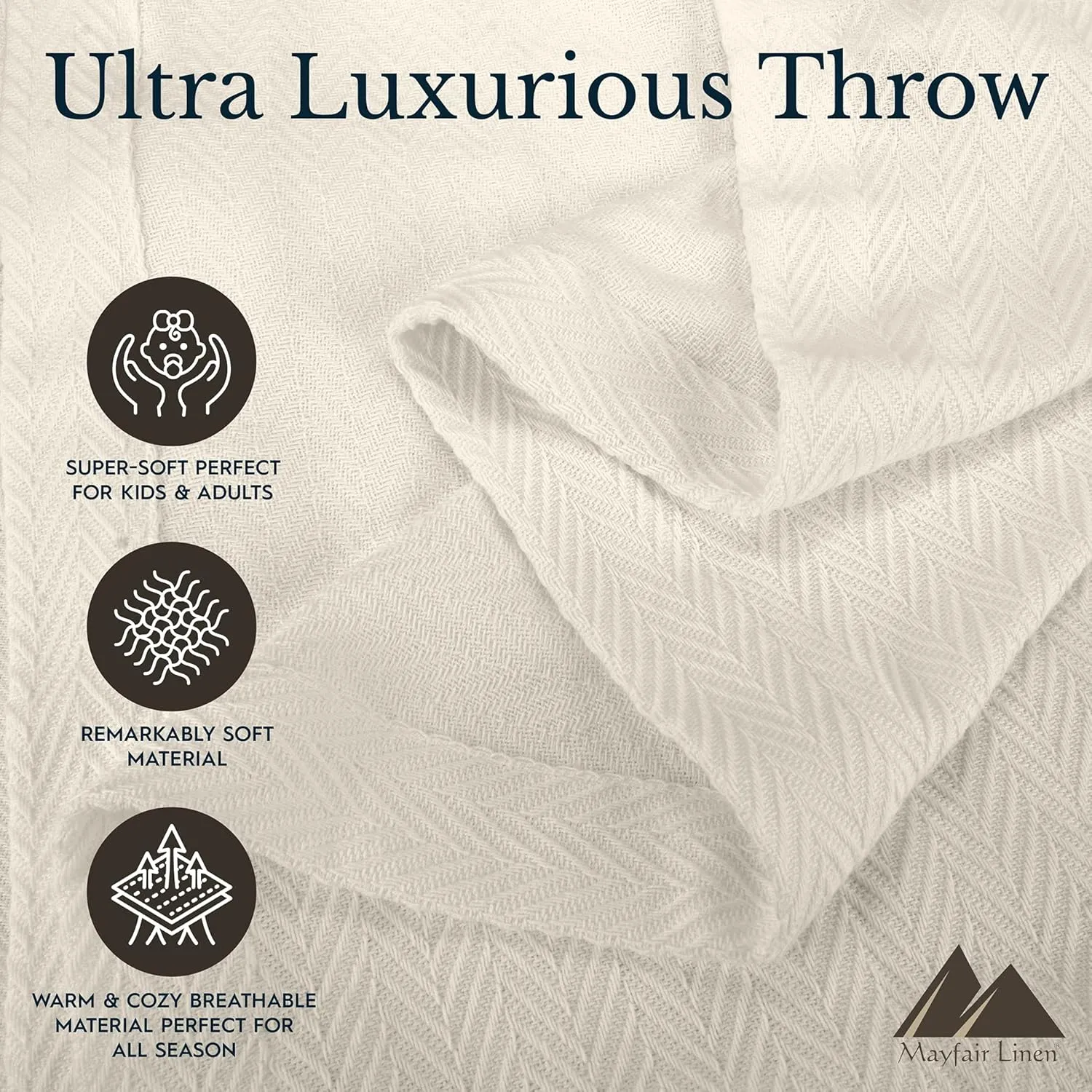 Carressa Linen Pure Cotton, Luxury King Size Soft Beige Blanket Herringbone Pattern, Lightweight, Soft & Cozy Premium Fall Bed Throw Blanket for All Seasons, 350GSM & 106X92 with Free Cotton Pouch