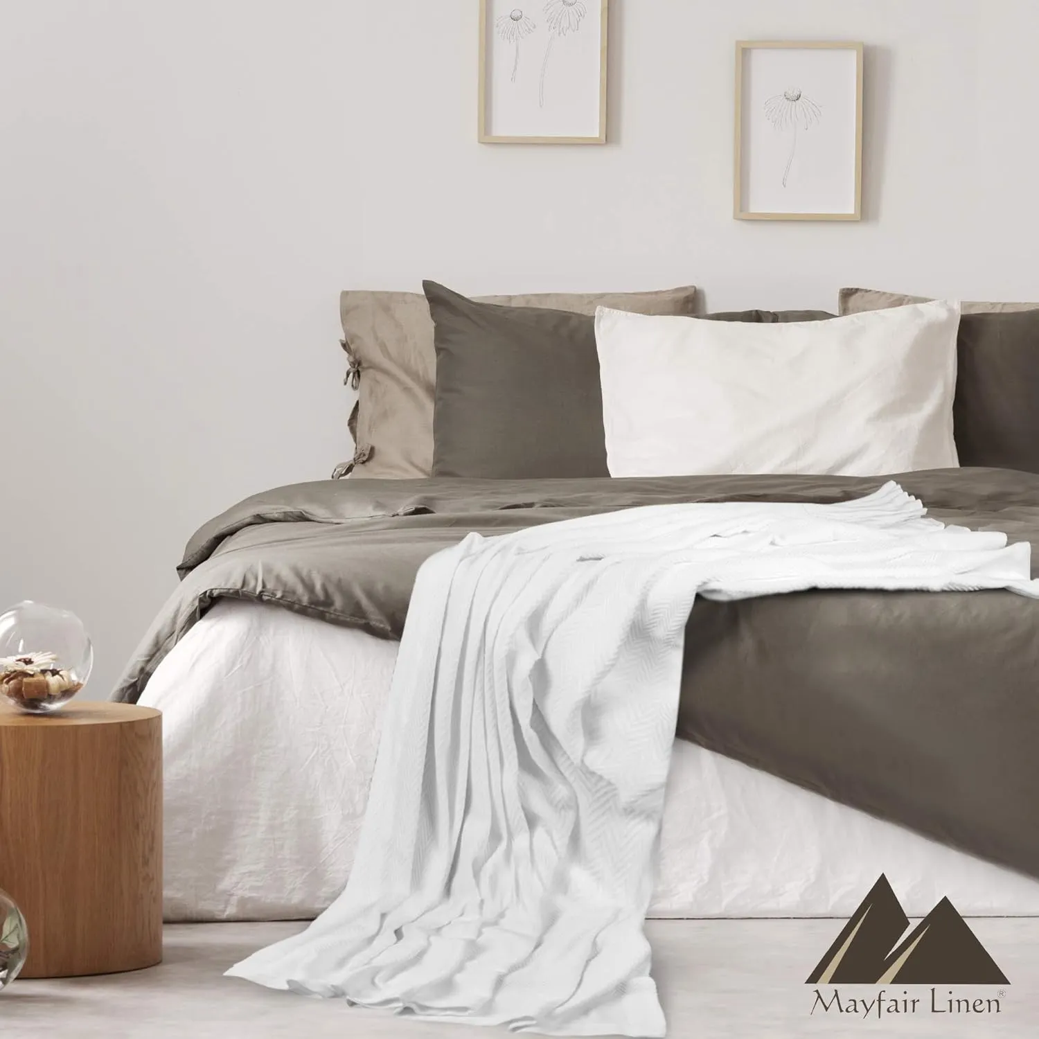 Carressa Linen Pure Cotton, Luxury King Size Soft Beige Blanket Herringbone Pattern, Lightweight, Soft & Cozy Premium Fall Bed Throw Blanket for All Seasons, 350GSM & 106X92 with Free Cotton Pouch