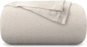 Carressa Linen Pure Cotton, Luxury King Size Soft Beige Blanket Herringbone Pattern, Lightweight, Soft & Cozy Premium Fall Bed Throw Blanket for All Seasons, 350GSM & 106X92 with Free Cotton Pouch