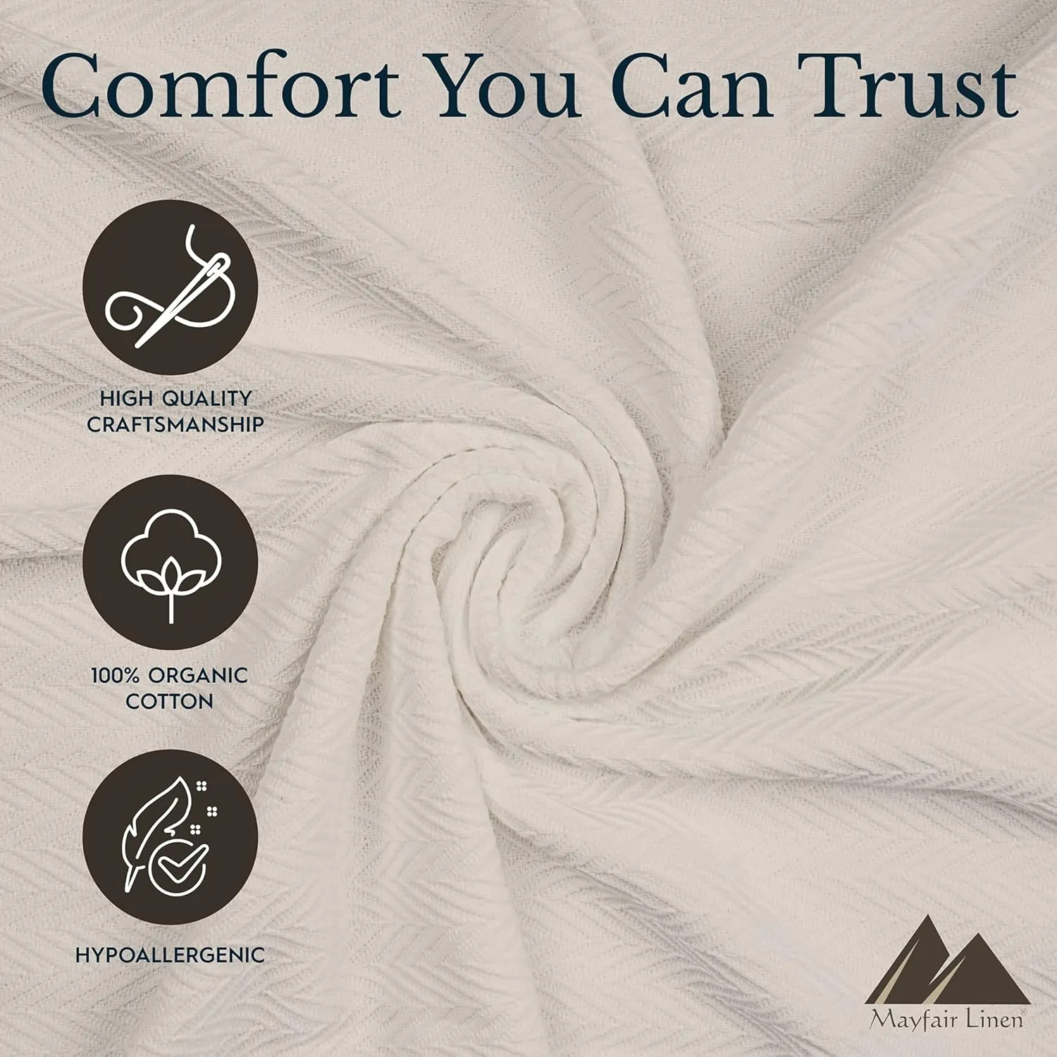 Carressa Linen Pure Cotton, Luxury King Size Soft Beige Blanket Herringbone Pattern, Lightweight, Soft & Cozy Premium Fall Bed Throw Blanket for All Seasons, 350GSM & 106X92 with Free Cotton Pouch