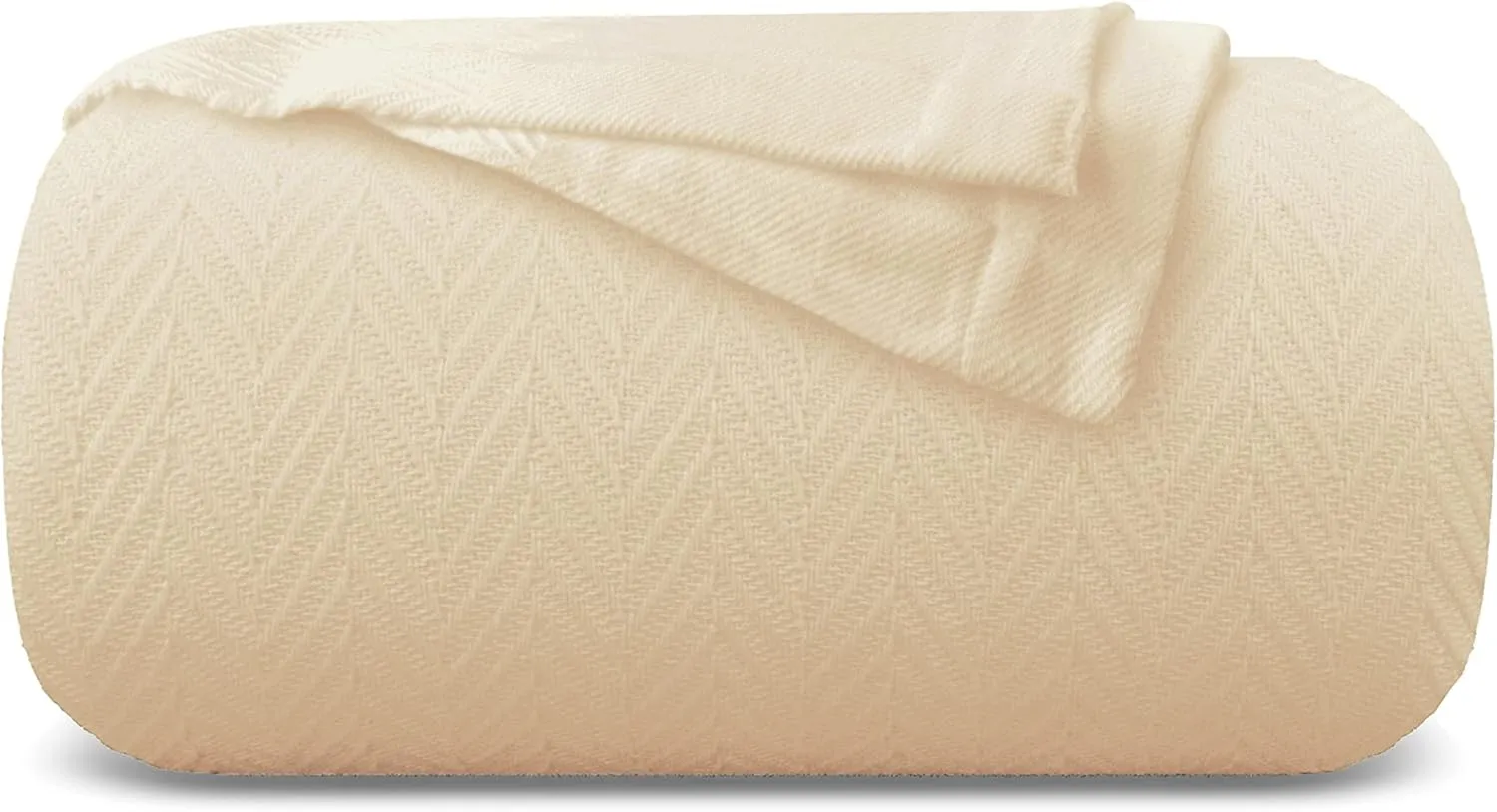 Carressa Linen Pure Cotton, Luxury King Size Soft Ivory Blanket Herringbone Pattern, Lightweight, Soft & Cozy Premium Fall Bed Throw Blanket for All Seasons, 350GSM & 106X92 with Free Cotton Pouch