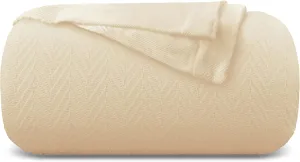 Carressa Linen Pure Cotton, Luxury King Size Soft Ivory Blanket Herringbone Pattern, Lightweight, Soft & Cozy Premium Fall Bed Throw Blanket for All Seasons, 350GSM & 106X92 with Free Cotton Pouch
