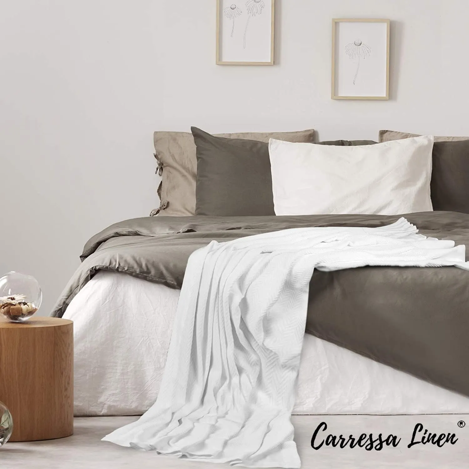 Carressa Linen Pure Cotton, Luxury King Size Soft Ivory Blanket Herringbone Pattern, Lightweight, Soft & Cozy Premium Fall Bed Throw Blanket for All Seasons, 350GSM & 106X92 with Free Cotton Pouch
