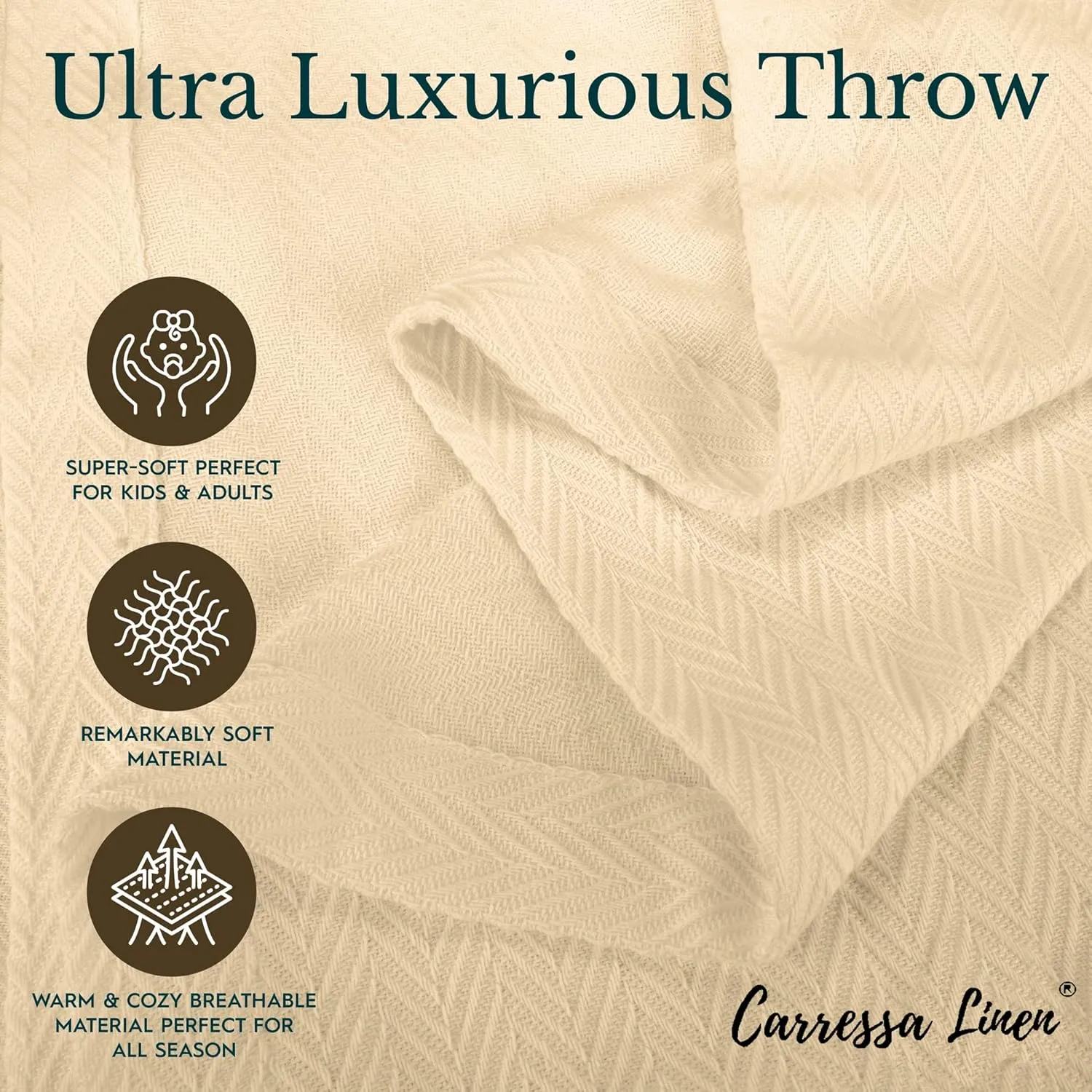 Carressa Linen Pure Cotton, Luxury King Size Soft Ivory Blanket Herringbone Pattern, Lightweight, Soft & Cozy Premium Fall Bed Throw Blanket for All Seasons, 350GSM & 106X92 with Free Cotton Pouch