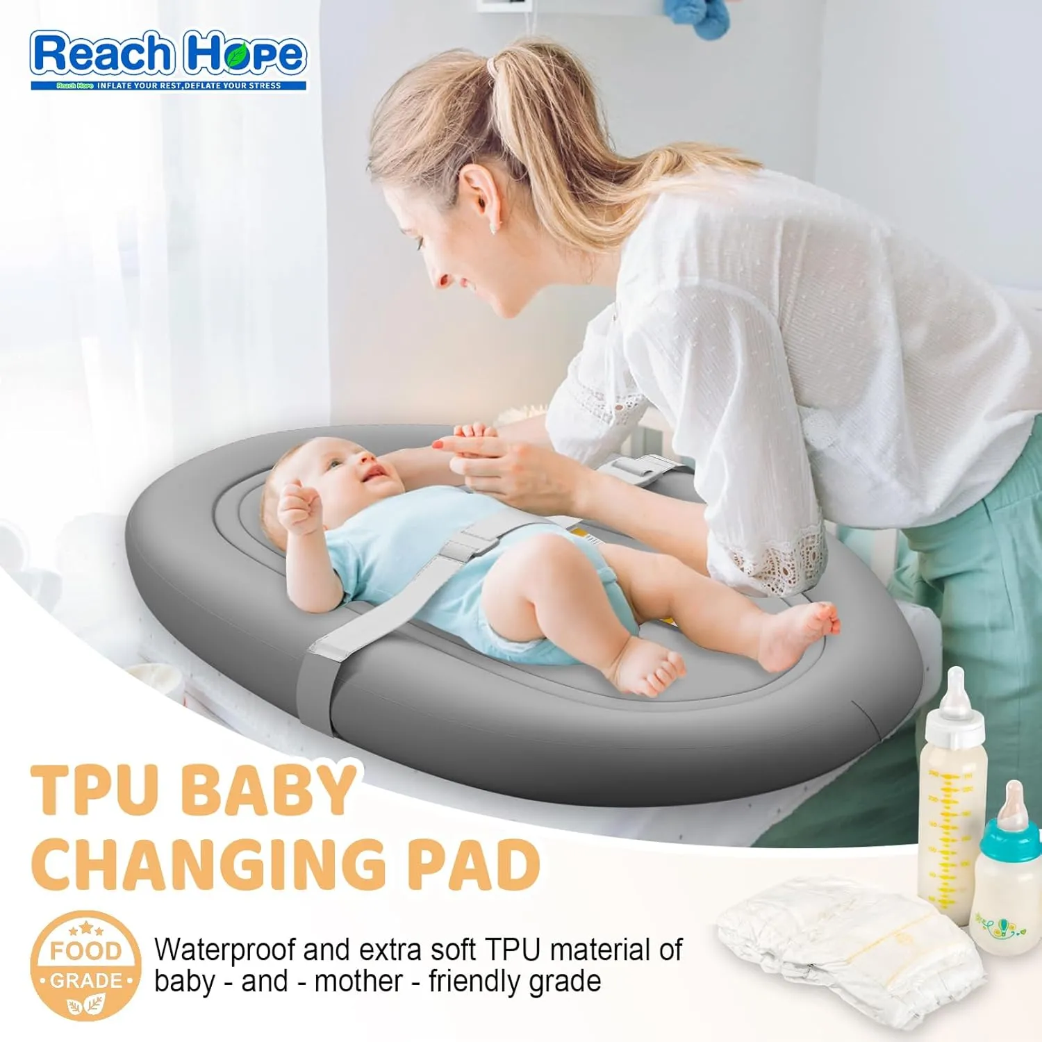 Changing Pad, Non-Slip Baby Changing Pads with Removable Safety Strap, Waterproof Inflatable Portable Changing Pad for Dresser, Outdoor, Travel - Silver
