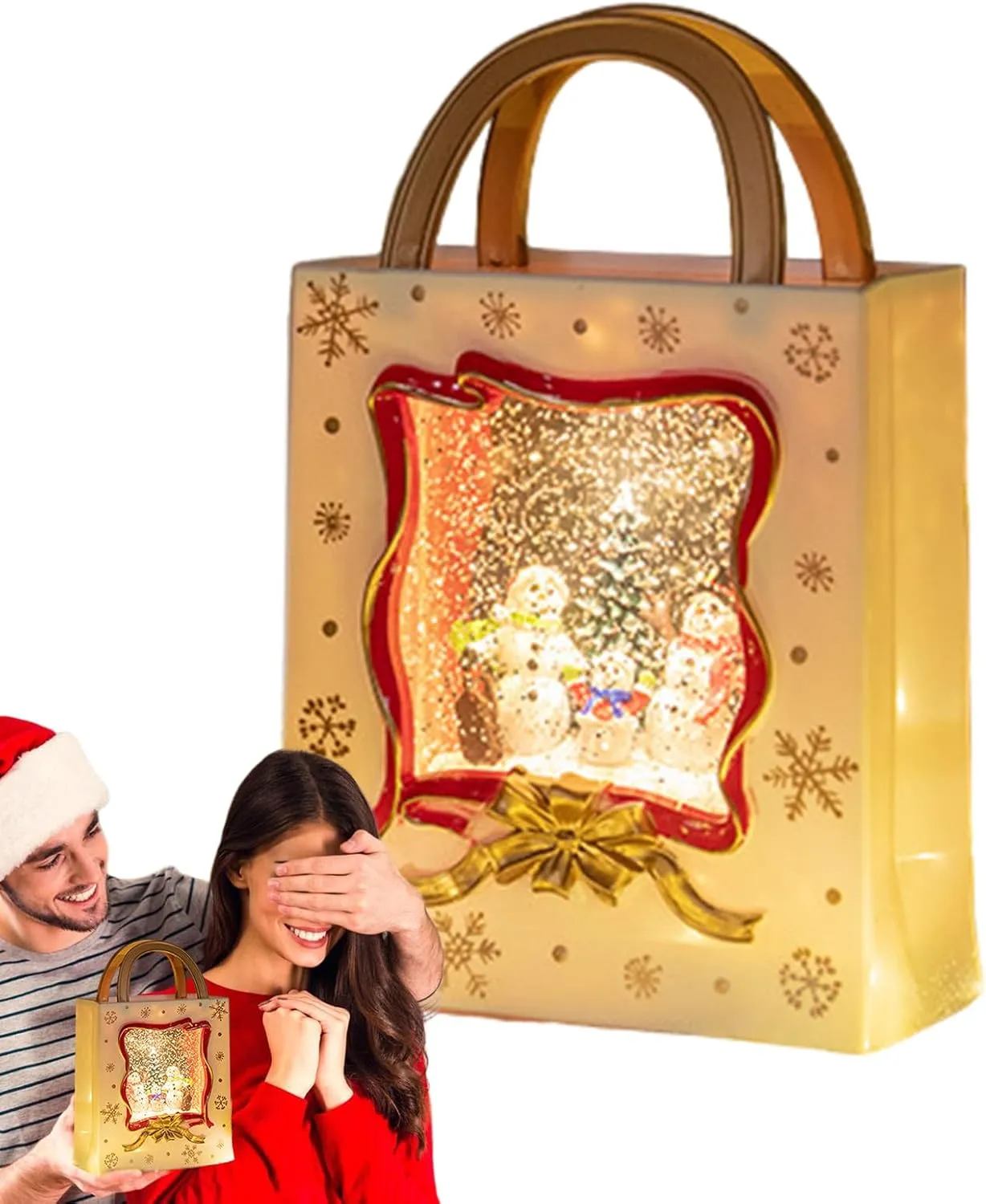 Christmas Snow Globe Lantern - Musical Lighted Handbag Lantern, Battery Powered Electric Snow Globe with Santa Snowman for Indoor Winter Holiday