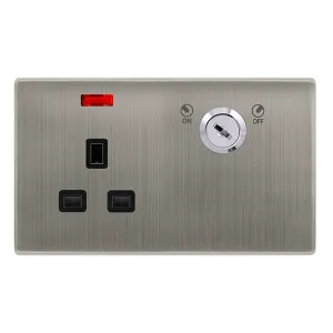 Click Definity Complete SFSS655BK 13A 1 Gang Double Pole Key Lockable Socket With Neon - Stainless Steel Cover Plate - Black Insert