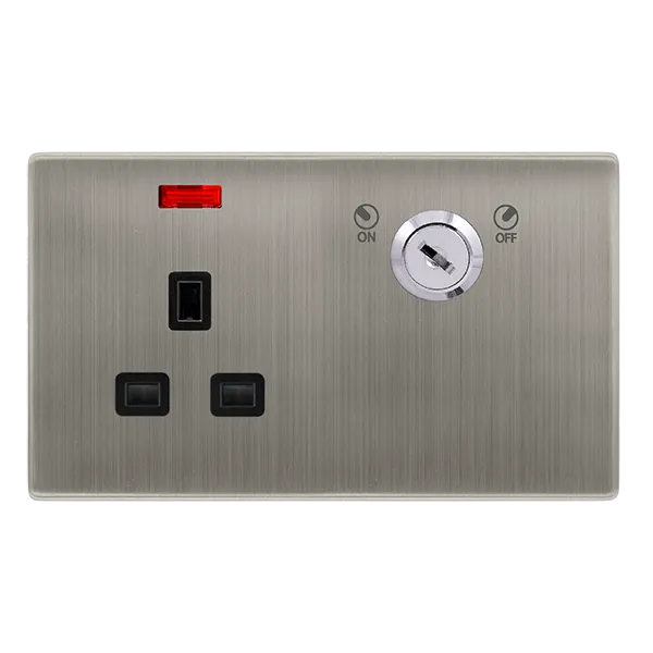 Click Definity Complete SFSS655BK 13A 1 Gang Double Pole Key Lockable Socket With Neon - Stainless Steel Cover Plate - Black Insert