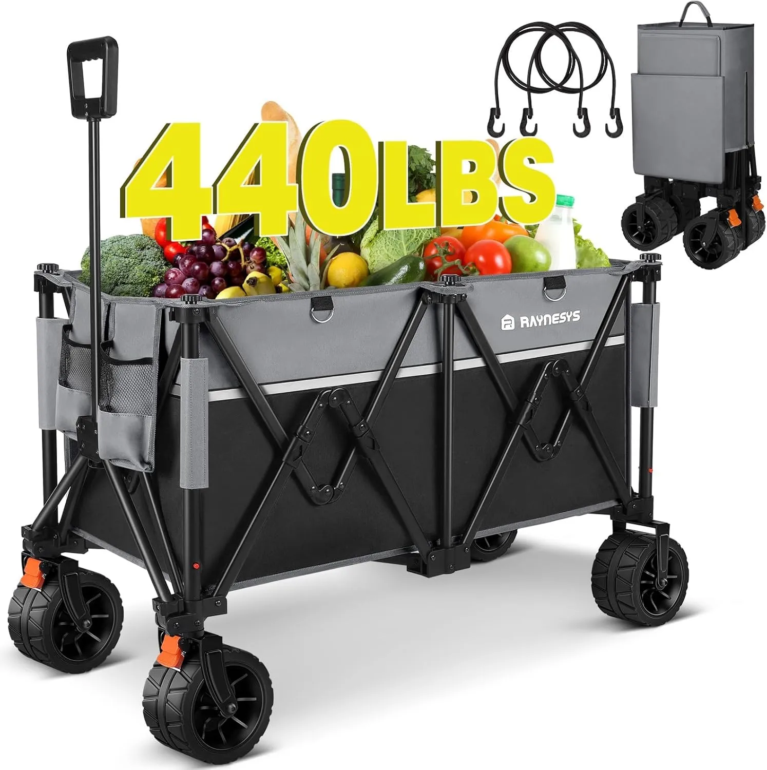 Collapsible Foldable Wagons, 440 lbs Weight Capacity Beach Wagon with Big All-Terrain Wheels, Heavy Duty Foldable Wagon,Utility Carts for Outdoor, Sports, Shopping, Camping, Black & Gray