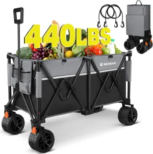 Collapsible Foldable Wagons, 440 lbs Weight Capacity Beach Wagon with Big All-Terrain Wheels, Heavy Duty Foldable Wagon,Utility Carts for Outdoor, Sports, Shopping, Camping, Black & Gray