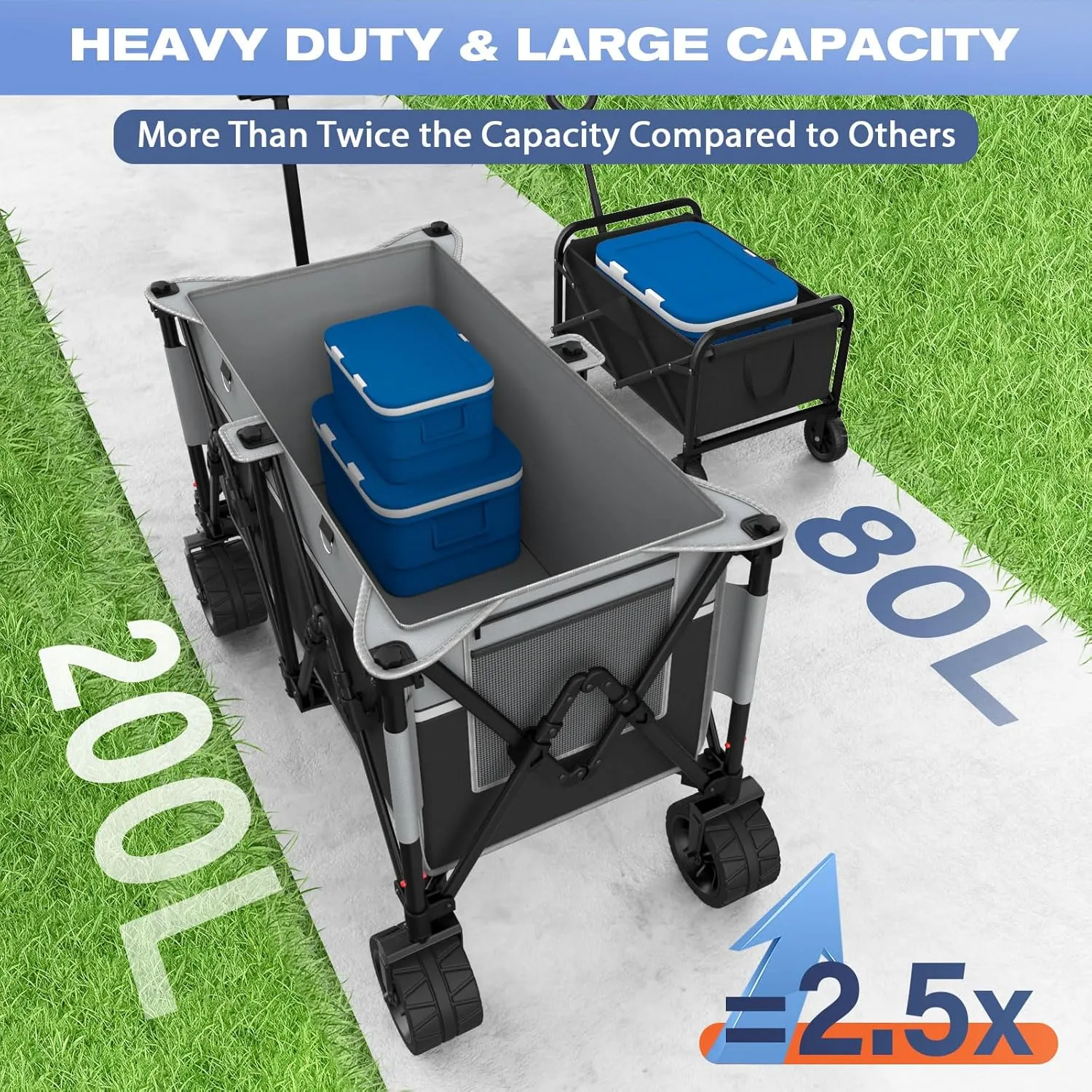 Collapsible Foldable Wagons, 440 lbs Weight Capacity Beach Wagon with Big All-Terrain Wheels, Heavy Duty Foldable Wagon,Utility Carts for Outdoor, Sports, Shopping, Camping, Black & Gray