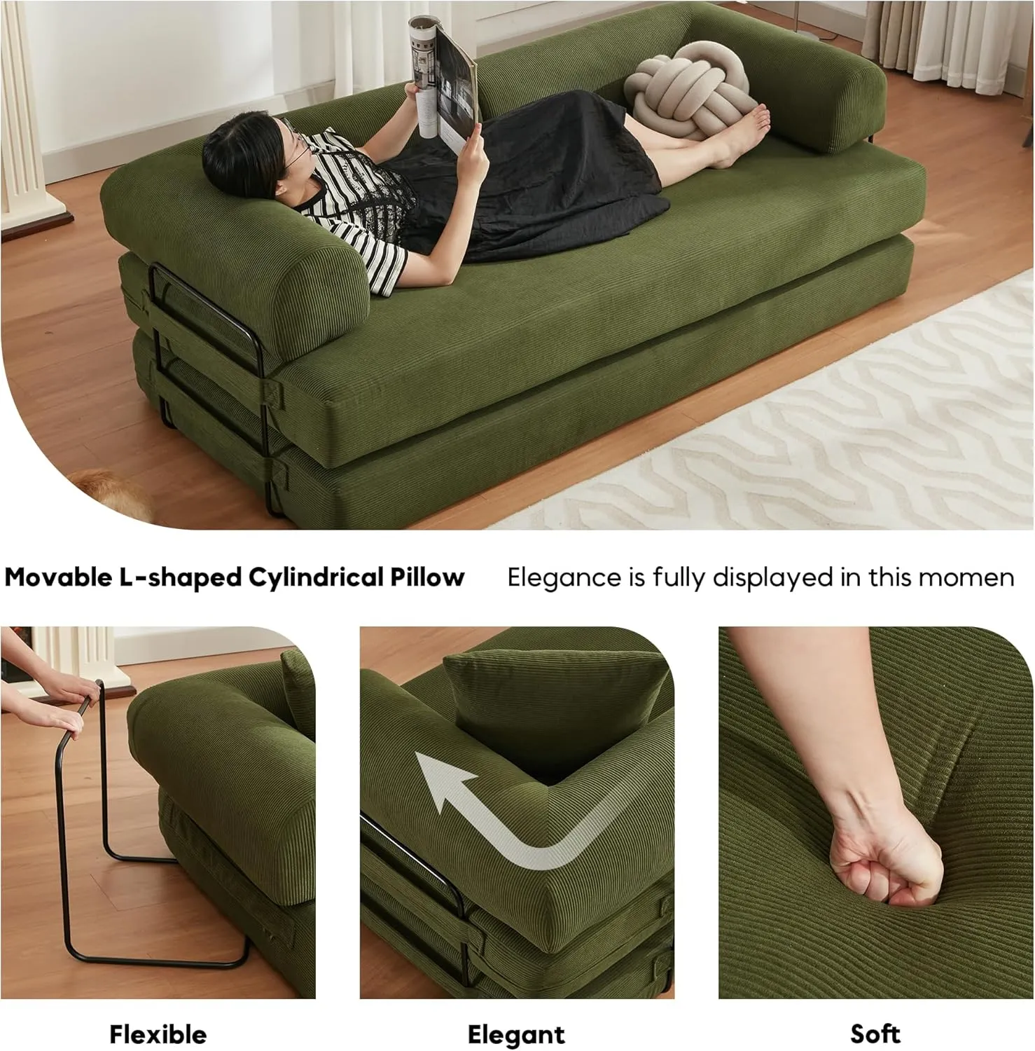 Convertible Sleeper Sofa Bed with Cylindrical Pillow, Corduroy Folding Mattress Couch with Fixed-Shape Frame, Floor Sofa Lounge Couch for Living Room Bedroom Lounge Studio-Green