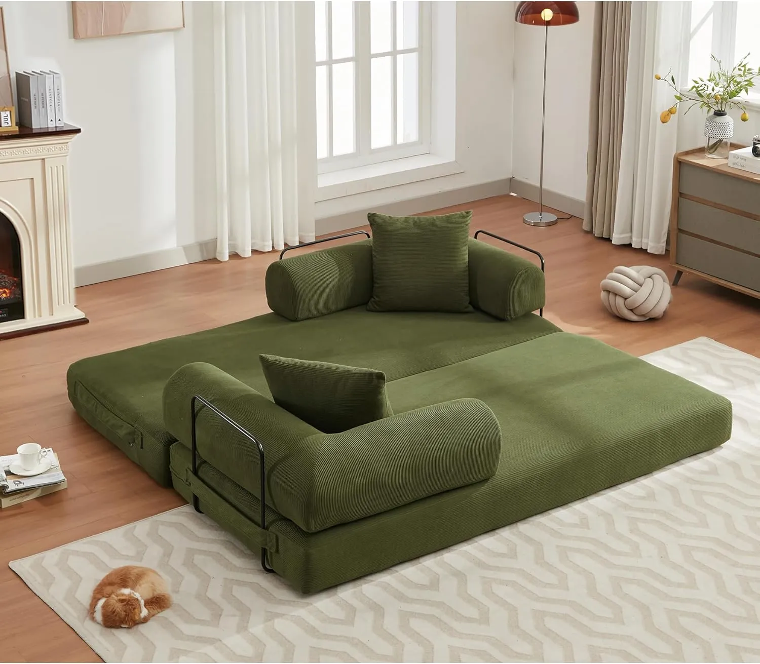 Convertible Sleeper Sofa Bed with Cylindrical Pillow, Corduroy Folding Mattress Couch with Fixed-Shape Frame, Floor Sofa Lounge Couch for Living Room Bedroom Lounge Studio-Green