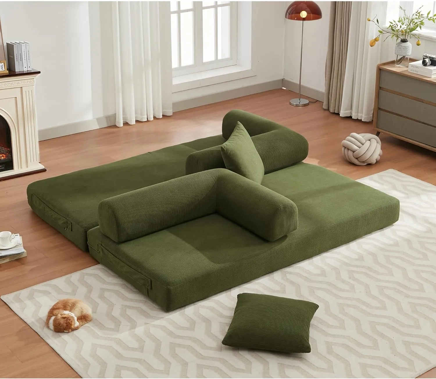Convertible Sleeper Sofa Bed with Cylindrical Pillow, Corduroy Folding Mattress Couch with Fixed-Shape Frame, Floor Sofa Lounge Couch for Living Room Bedroom Lounge Studio-Green