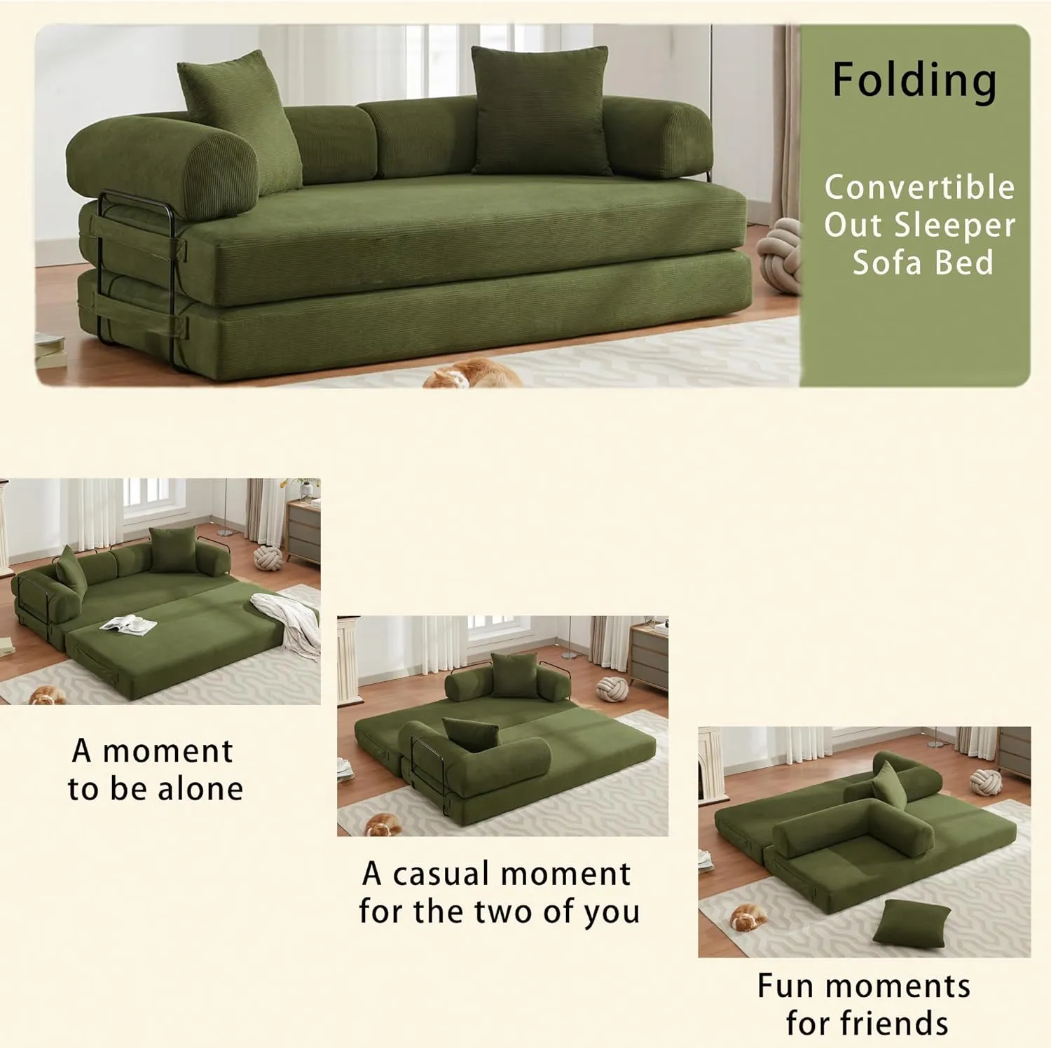 Convertible Sleeper Sofa Bed with Cylindrical Pillow, Corduroy Folding Mattress Couch with Fixed-Shape Frame, Floor Sofa Lounge Couch for Living Room Bedroom Lounge Studio-Green