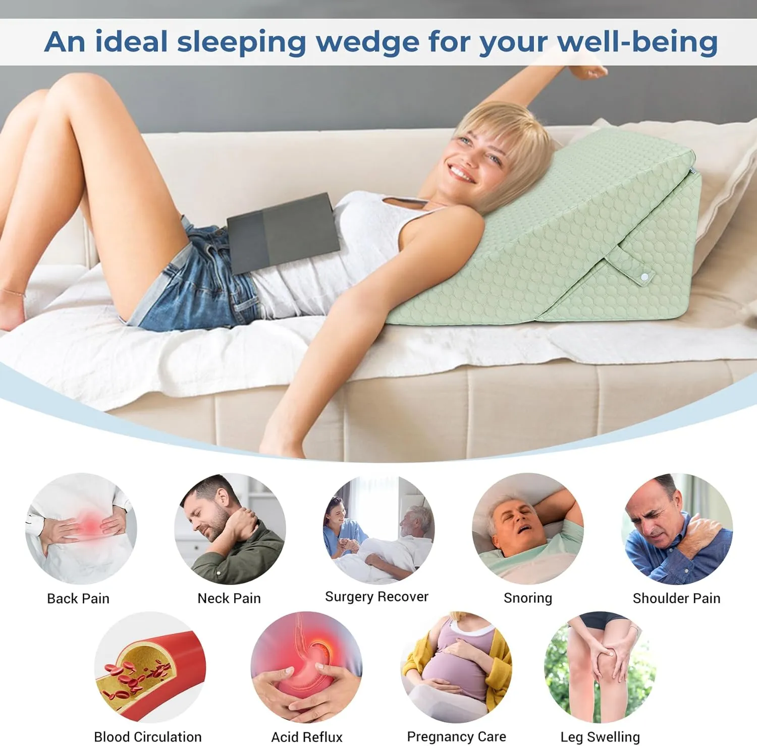 COOLBEBE Bed Wedge Pillow for Sleeping, Adjustable Folding Wedge Pillow for Snoring and After Surgery - 9 & 11 Inch, Elevated Triangle Wedge for Back Pain Relief, Acid Reflux, Leg Support (Green)