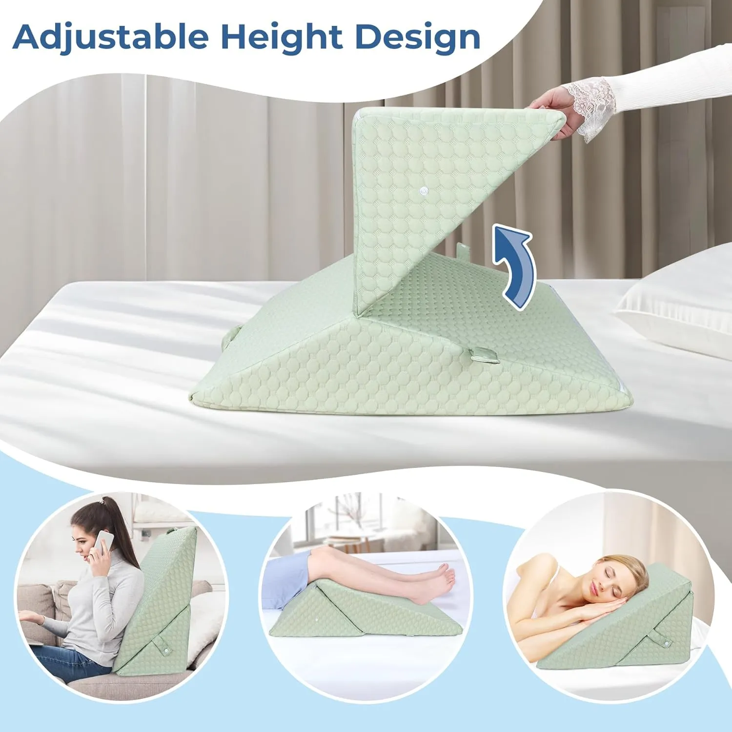 COOLBEBE Bed Wedge Pillow for Sleeping, Adjustable Folding Wedge Pillow for Snoring and After Surgery - 9 & 11 Inch, Elevated Triangle Wedge for Back Pain Relief, Acid Reflux, Leg Support (Green)