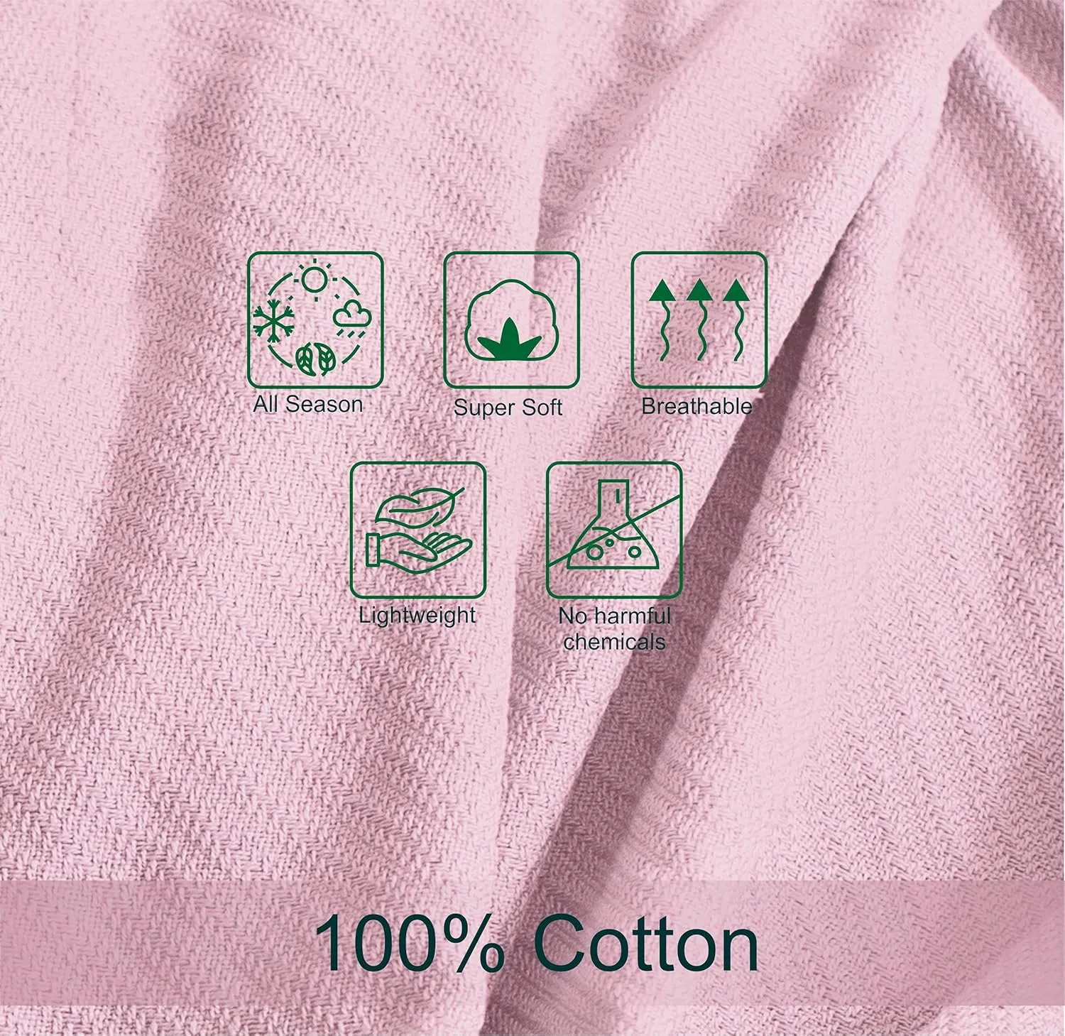 COTTON CRAFT Soft Cotton Thermal Blanket - Plush Herringbone Twill - All Season Luxurious Breathable Skin Friendly Lightweight Cooling Throw Blanket - Sofa Couch Travel Camping Dorm - Twin Light Pink
